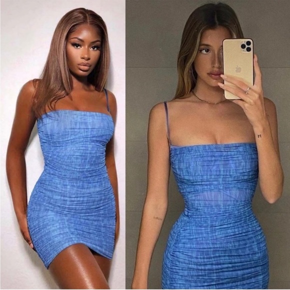 House of CB ‘Ella’ Sky Blue Organza Ruched Mesh Mini Dress ASO Euphoria NWOT - Picture 4 of 10